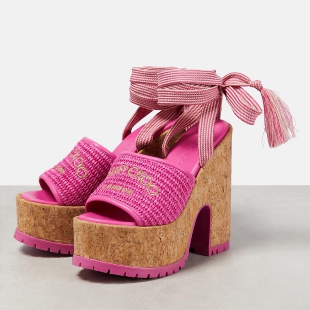 New Jimmy Choo Gal Raffia Cork Ankle-Tie Platform Sandals $750 38.5 - Picture 4 of 15